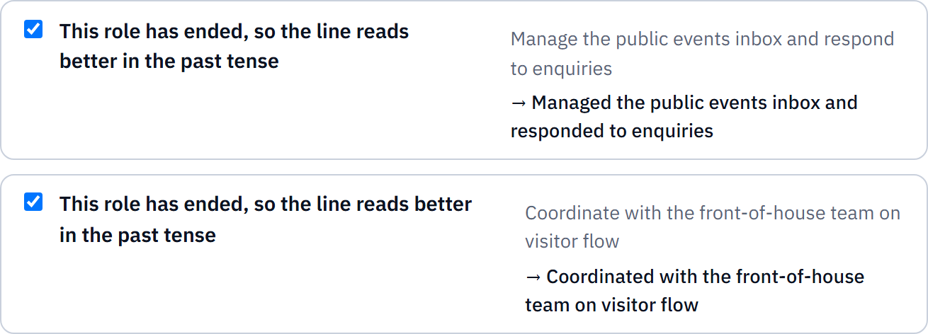 The CV review screen: each proposed correction shown as a checkbox with the original line and the rewritten line beside it.