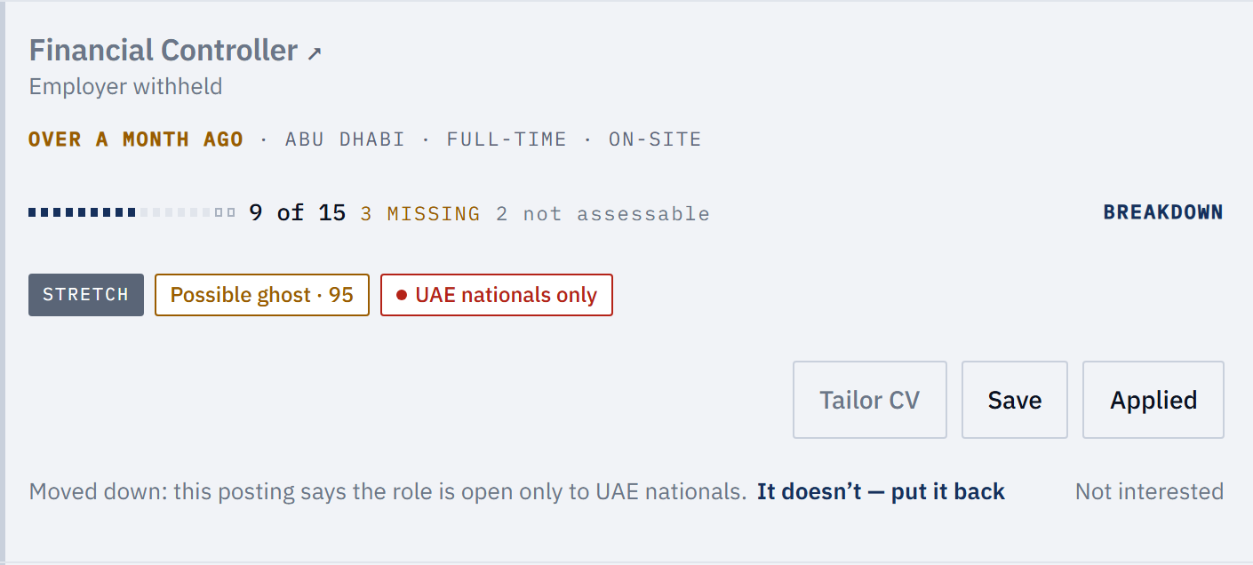 A demoted match card: the posting states the role is open to UAE nationals only, and carries a possible-ghost score.