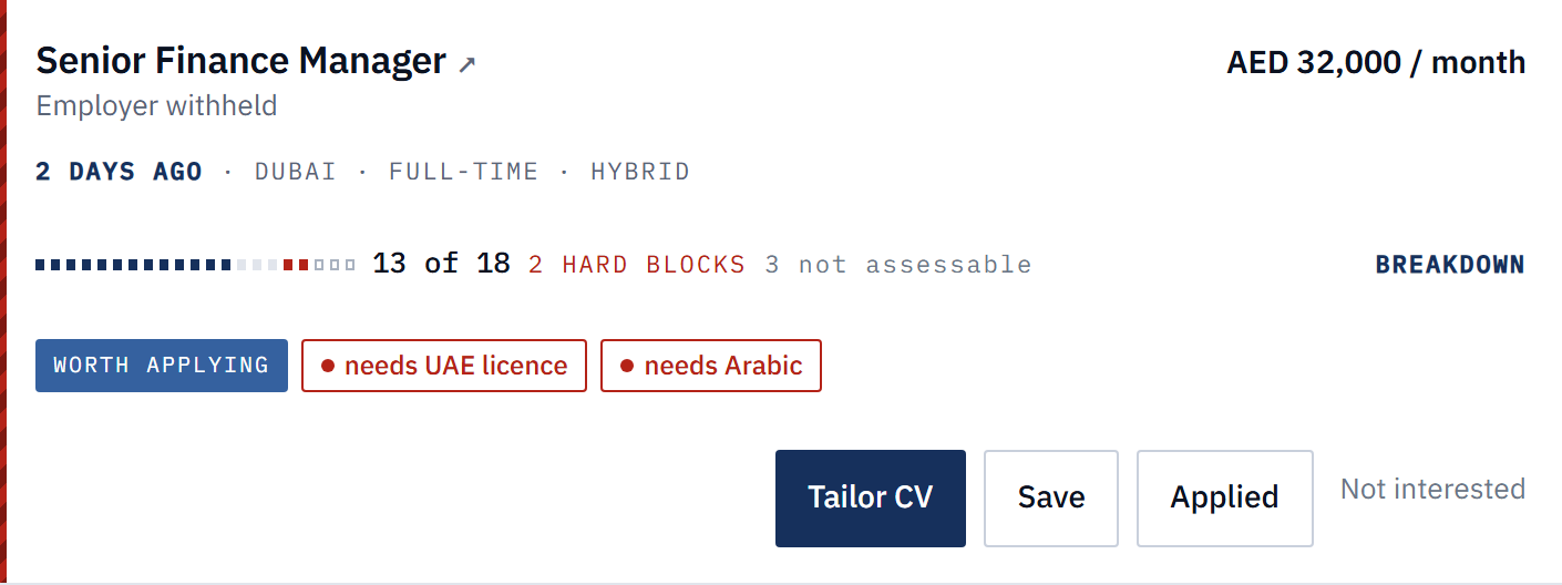 A match card marked worth applying: thirteen of eighteen requirements met, with red chips for the UAE licence and Arabic the posting requires.